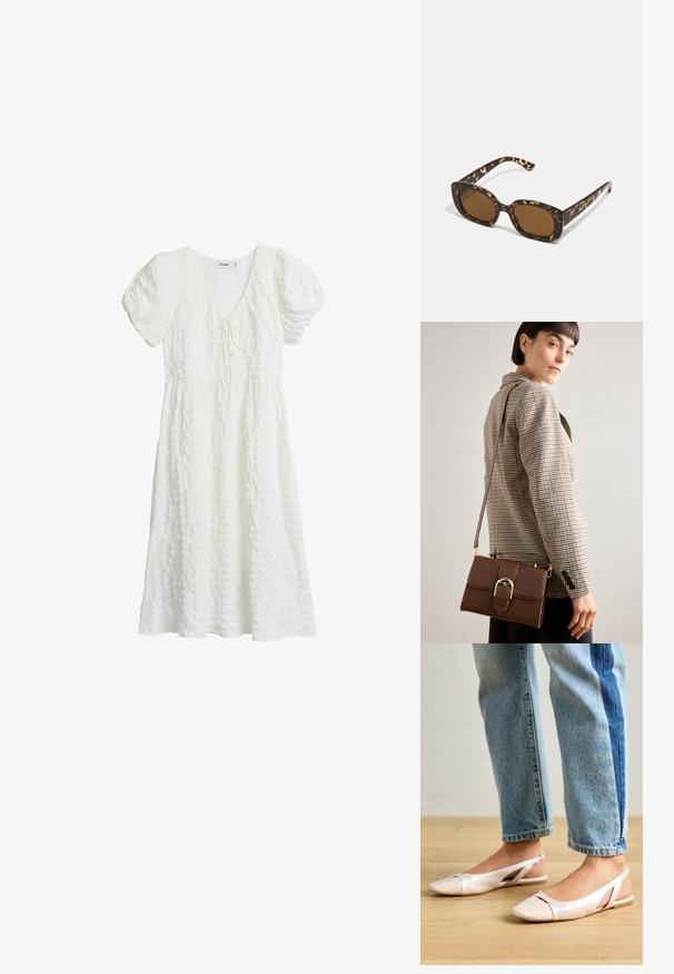 Vit klänning med texturerad tyg, korta puffärmar, V-ringning och en knytdetalj vid bysten, som når till mitten av vadbenen.; Ljust rosa slingback-lägenheter med spetsig tå, tillverkade av ett slätt läderliknande material. Har utskurna detaljer på sidorna och en platt häl.; Sköldpaddsmönstrade solglasögon med en rund, kraftig ram och bruna linser. Har subtila mönster och raka, avsmalnande skalmar.; Brun läder crossbody-väska med ett spänne i guld, rektangulär form, slät textur och ett avtagbart rem.