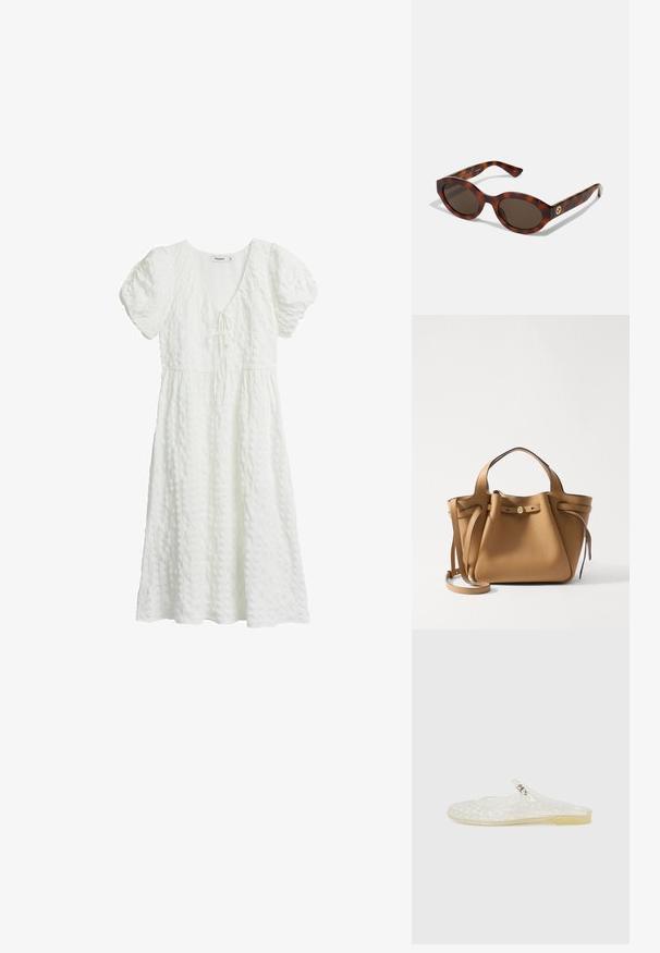 Hvid kjole med tekstureret stof, korte puffærmer, V-udskæring og en bånddetalje ved barmen, der falder til midt på læggen.; Gennemsigtig plastiksko med gittermønster, rund tå og en lille sølvaccent på remmen. Fleksibel sål i gennemsigtig farve.; Skildpaddemønstret solbriller med runde rammer, mørke linser og gulds logo detaljering på stængerne. Glat plastmateriale, ingen synlige mønstre.; Tory Burch ROMY PEBBLED SATCHEL - Håndtasker - tiramisu