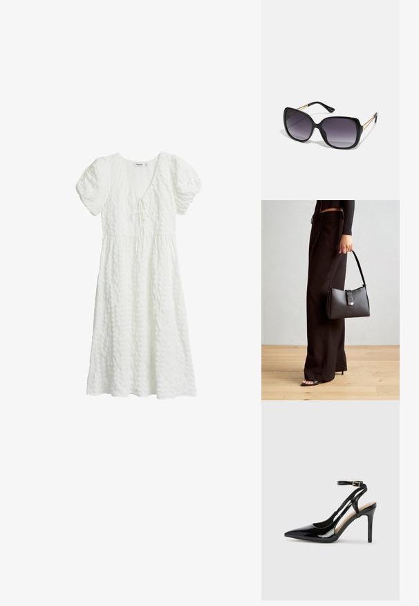 Valkoinen mekko, jossa on teksturoitu kangas, lyhyet puffihihat, V-pääntie ja solmitys yksityiskohta rinnassa, ulottuen polven puoleen väliin.; Mustat lakatut korkokengät, joissa on avonaiset sivut, säätömahdollisuus nilkkahihnassa ja teräväkärkinen muoto. Suora pinta.; Mustat ylisuurten kehysten aurinkolasit, joissa on liukuväri-linssit, paksut kehykset ja kultasävyiset ketjustuskoristeet temppeleissä.; Musta käsilaukku, jossa on rakenteellinen muoto, sileä pinta ja metallinen solki. Yhdistetty leveisiin mustiin housuihin ja avonaiheisiin sandaaleihin puulattialla.