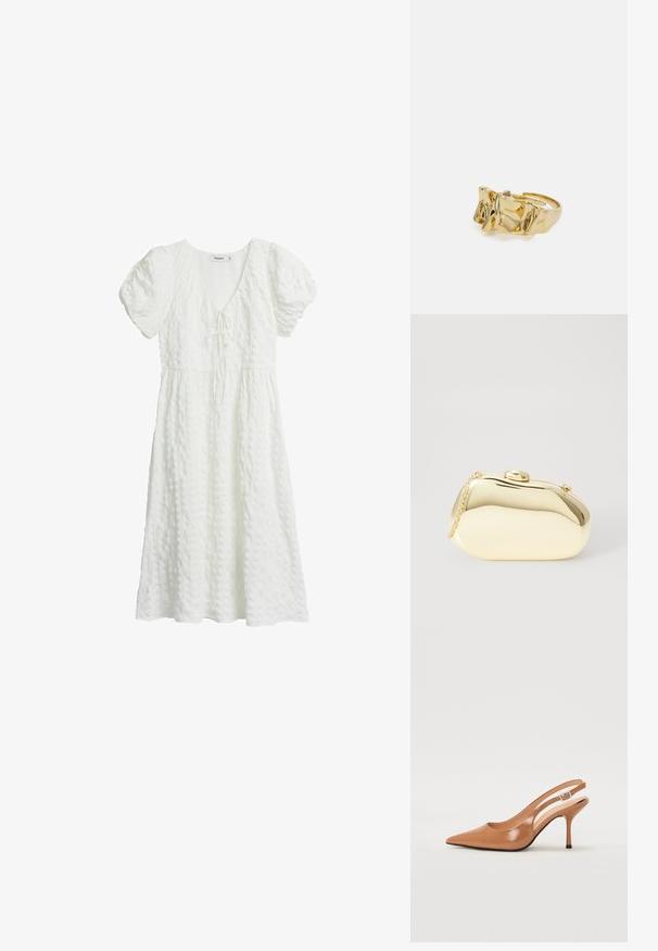 Hvid kjole med tekstureret stof, korte puffærmer, V-udskæring og en bånddetalje ved barmen, der falder til midt på læggen.; Spids tå slingback hæl i et glat, blankt tan materiale. Har et buet udskæring design og en slank stiletto hæl. Sølv spænde detalje.; Metallic guld clutch med en glat, rund form, udstyret med en topknap-lås og et lille kædehåndtag til bæring.; Guldring med tekstureret, bølget design, der har tre fremtrædende toppe. Glat, skinnende overflade med en åben ring, der gør den justerbar.