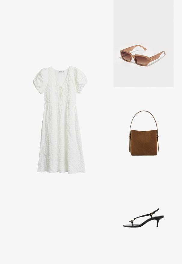 Hvid kjole med tekstureret stof, korte puffærmer, V-udskæring og en bånddetalje ved barmen, der falder til midt på læggen.; Sort læder kitten hæl sandal med tynde stropper, guldspænde og minimalistisk tå løkke på en hvid baggrund.; Brune rektangulære solbriller med gradientlinser, tykke stel og logo-detalje på siden. Glat plastmateriale, minimal design.; Mango Håndtasker - brown