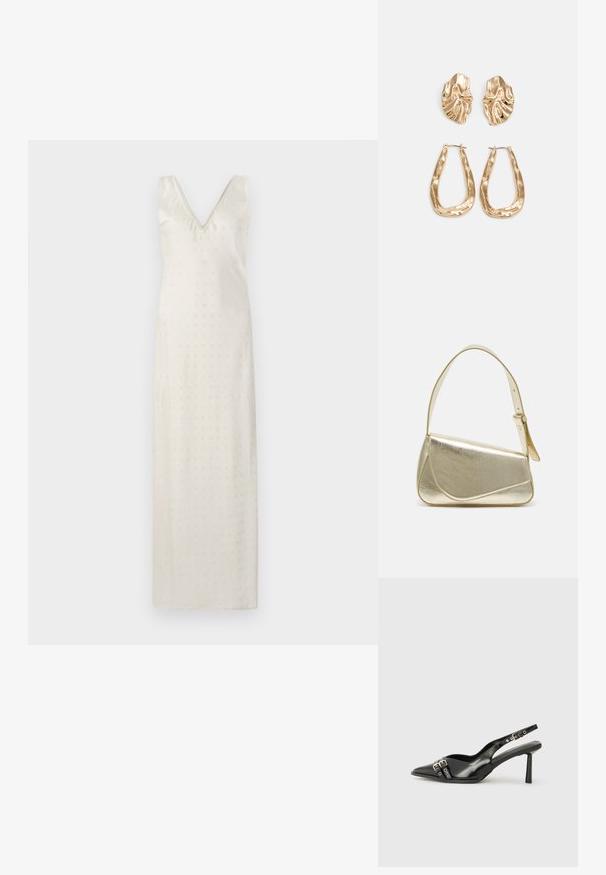 Lang, kremfarget kjole med V-hals og tynne stropper. Stoffet er glatt med subtile dekorative perforeringer gjennom hele.; Sorte patentlær slingback-sko med spiss tå, ankelremmer med sølvspenner og detaljer, og en slank hæl.; Gullfarget metallisk håndveske med en strukturert design, glatt tekstur og justerbar stropp. Har en unik trekantet form og minimalistisk søm.; Gullfargede øredobber med teksturerte, bølgete former. Inkluderer skulpturelle klipsstuds og åpen hoop-design med en hamret finish.