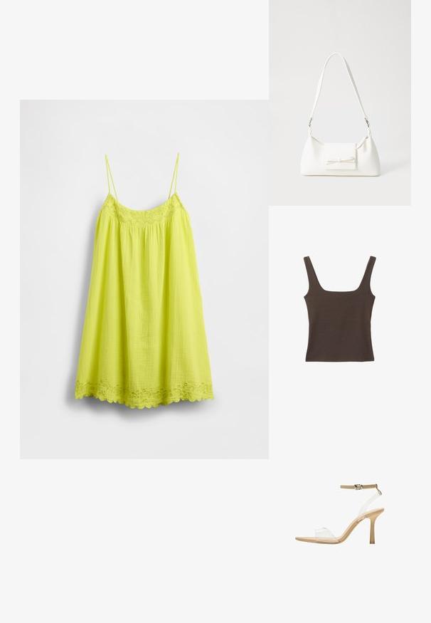 Limeta zelena obleka s tankimi naramnicami, teksturirano tkanino, elastičnim zgornjim delom in nazobčenim čipkastim robom z vezenjem cvetličnih motivov.; Rjava brezrokavna majica s kvadratnim izrezom, narejena iz mehkega, elastičnega materiala. Ima oprijet kroj in ravne šive.; Sandal z jasnim petnikom s prozornim zgornjim delom, bež podplatom in sivim trakcem okoli gležnja. Ima koničast nos in tanek visoki petek.; Bela sintetična torbica v obliki trikotnika, z ravnim sprednjim poklopcem in detajlom mašne, nastavljivim trakom, gladko teksturo in minimalističnim dizajnom.