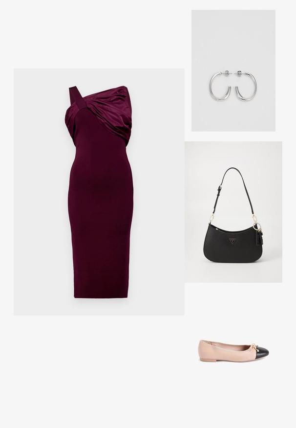 Burgundia kleit ühe õlavarre rihmaga ja vooderdatud kangaste detailiga. Kehakujuline disain, põlvekõrgune pikkus, sile tekstuur.; Beige nahkbaaletid musta nahast varbaga. Omavad paelte aksesuaari ja tasast tallaga, millel on sile tekstuur.; Must musträkk kott musta sünteetilisest materjalist, kurvilise kujuga, kuldsete detailide ja kolmnurkse logoga. Varustatud lukuga ja reguleeritava rihmaga.; Hõbedast rõngaskõrvarõngad sileda ja läikiva pinnaga, kõveriku kujuga ning postitaksega sulgur. Minimalistlik disain kaasaegse viimistlusega.