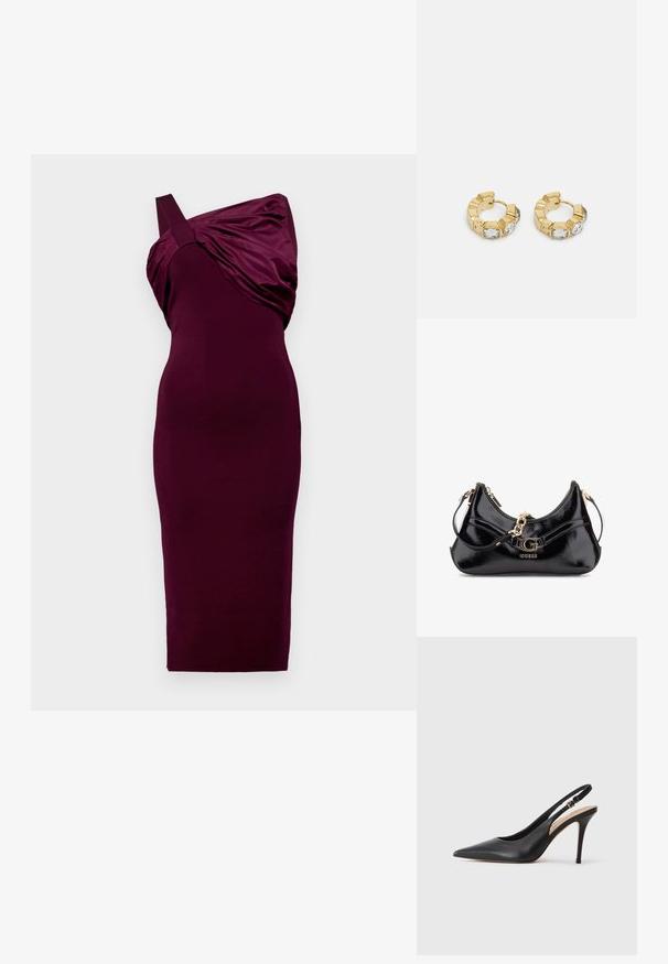 Burgundy-mekko, jossa on yksi olkaimen hihna ja laskostettu kangas yksityiskohta. Tiukasti vartaloa myötäilevä muotoilu, keskipolven pituus, sileä rakenne.; Musta nahkainen slingback-korkokenkä, jossa on teräväkärkinen muotoilu, sileä pinta ja huolellinen hihna, jossa on metallikuva.; Musta nahkalaukku, jossa on kaareva muotoilu, kultaiset koristeet ja silmiinpistävä logo. Mukana irrotettava olkahihna.; Kultaiset ympyräkorvakorut, joissa on tekstiurakuviointi ja kolme kirkasta kristallikoristetta yhdellä puolella, tarjoavat modernin geometrisen estetiikan.