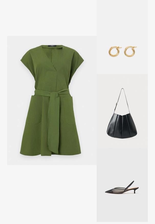 Olivinvihreä mekko, jossa on lyhyet hihat, V-pääntie, kaksi etutaskua ja sidottu vyö vyötäröllä. Valmistettu kevyestä kankaasta.; NEOUS IRENA - Avokkaat - black; Mustassa nahkassa olkalaukku, jossa on poimuttunut muotoilu, sileä pinta, yksi hihna ja hienovarainen kultainen yksityiskohta.; Kultaiset renkaat korvakorut kiillotetulla pinnalla, joissa on sileä pyöreä muoto ja turvallinen suljin. Yksinkertainen muotoilu ilman lisäkoristeita.