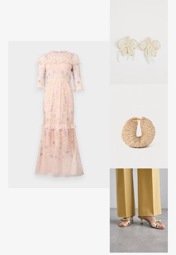 Vyšívané ružové šaty vyrobené z priesvitnej látky, s kvetinovými vzormi, volánikmi na výstrihu a rukávmi trištvrťového strihu.; Stuart Weitzman FELICITY BOW SLIDE - Šľapky na opätku - platino; Cult Gaia UBAH - Listová kabelka - wheat; Perlové náušnice v tvare kvetu so zlatými akcentmi. Každý lupienok zdobia malé, okrúhle perly usporiadané do kvetinového dizajnu, s vlečením perlových detailov.