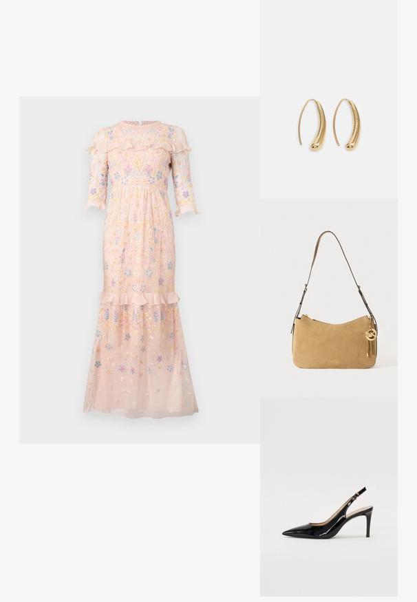 Vyšívané ružové šaty vyrobené z priesvitnej látky, s kvetinovými vzormi, volánikmi na výstrihu a rukávmi trištvrťového strihu.; Čierne lakované kožené slingback lodičky s špicatou špičkou, štíhlým podpätkom a jemným výrezom. Obsahuje zlatú pracku na remienku.; Kozmetická taška z pieskového semišu s zakriveným tvarom, zlatými kovovými doplnkami a zipsovým uzáverom. Obsahuje pripojený prívesok s iniciálkami "MK".; Náušnice vo forme zlatých kovových kruhov s zakriveným, predĺženým tvarom. Majú hladký, lesklý povrch a zaoblený koniec pre pridanie detailu.