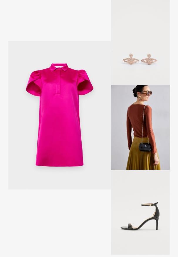 Kurzärmliges Kleid aus leuchtend pinkem Satin, mit einem kragenlosen Ausschnitt und einer geraden Silhouette mit puffartigen Ärmeln.; Schwarze Leder-high-heeled Sandale mit Knöchelriemen. Verfügt über eine glatte Textur, offene Zehen und einen dünnen Absatz. Goldfarbener Schnallenakzent.; Vivienne Westwood SMALL PURSE CHAIN - Umhängetasche - black; Ohrringe aus Roségold mit einem geometrischen Design, das kreisförmige Akzente und ein Kreuzmotiv aufweist, verziert mit kleinen klaren Kristallen.