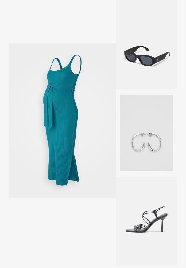 Tuurdega ribakleid rasedatele õlgade õhukeste rihmadega, vöökohta rõhutav ja külgmistest lõhikestest mugavuse tagamiseks. Valmistatud venivast kangast.; Mustad musta värvi kontsandaalid on varustatud peente rihmadega, millel on sõlmekujundus, siledad ruudukujulised varbad ja stiilne stilettokonts.; Mustad pruudiks prillid ruudukujuliste raamidega, matistatud viimistlusega, tumedate läätsede ja veidi kõverate kätega. Ühel käel on diskreetne logo aktsent.; Hõbedased rõngaskõrvarõngad, millel on sile ja läikiv pind. Ümar kuju, kerge disain, millel on post-tagumise kinnituse süsteem.