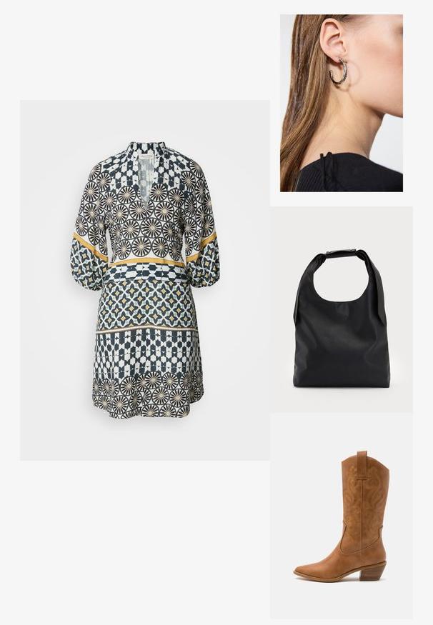 Rochie cu pattern, prezentând designuri geometrice în nuanțe de bleumarin, alb și galben. Mâneci lungi, decolteu în V și o siluetă evazată cu secțiuni distincte.; Botă de cowboy din piele maro cu vârf ascuțit, cu modele brodate în spirală pe tambur și un toc bloc stratificat. Are o bucată pentru prindere pentru a fi îmbrăcată ușor.; Geantă de mână din piele neagră, cu un top mare deschis și o singură curea de umăr. Textură moale, design minimalist, cu accente subtile de hardware.; Cercel din argint cu un finisaj polișat, având detalii mici din aur și o formă rotundă, purtat pe lobul urechii.