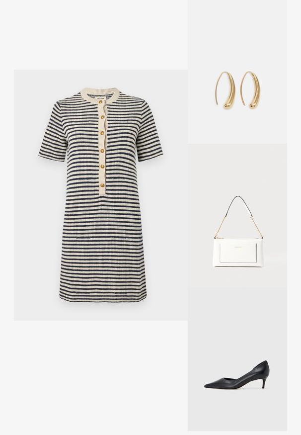 Striped dress in cream and navy, short sleeves, round neckline, button front with gold buttons, textured knit fabric, above-knee length.; Black leather pump with a pointed toe and low heel. Features a smooth texture and subtle sheen. Open cut at the front for added detail.; White leather handbag with a textured finish, featuring a gold chain strap and black accents. Includes a front pocket and zipper closure.; Gold-tone metal hoop earrings with a curved, elongated shape. Features a smooth, shiny surface and a rounded tip for added detail.