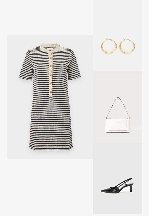 Striped dress in cream and navy, short sleeves, round neckline, button front with gold buttons, textured knit fabric, above-knee length.; Black patent slingback heel with a pointed toe, featuring textured snake print, adjustable strap, and a short, textured block heel.; White leather handbag with a textured finish, featuring a gold chain strap and black accents. Includes a front pocket and zipper closure.; Gold-tone hoop earrings with a smooth, rounded design, featuring a thin wire closure and a polished finish for a shiny appearance.