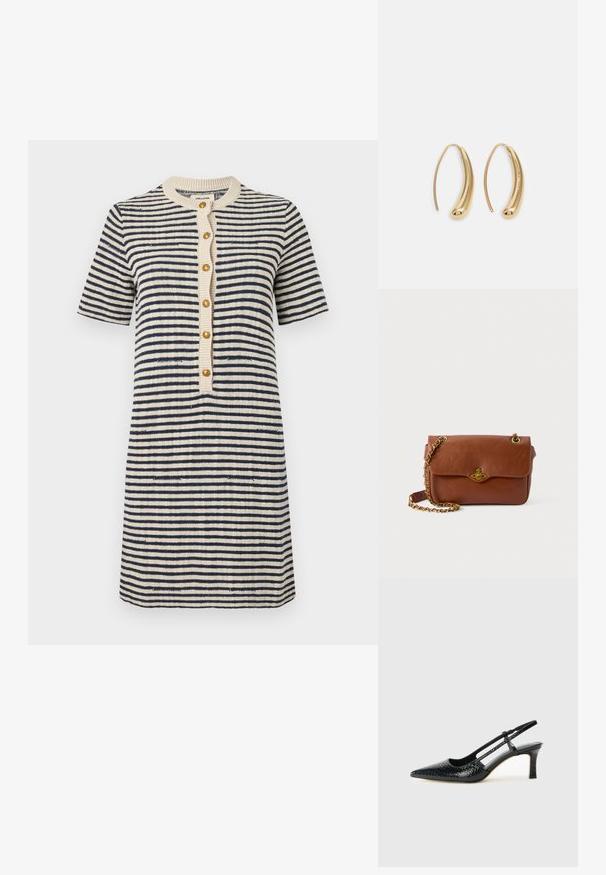Pruhované šaty v krémové a námořnické barvě, krátké rukávy, kulatý výstřih, přední zapínání na knoflíky se zlatými knoflíky, strukturovaný pletený materiál, délka nad kolena.; Černé lakované slingback podpatky s špičatou špičkou, zdobené texturovaným hadím vzorem, nastavovacím páskem a krátkým texturovaným blokovým podpatkem.; Hnědá kožená crossbody taška s klopovým zavíráním, zlatými kovovými detaily a řetízkovým popruhem. Hladká textura, obdélníkový tvar, minimální zdobení.; Náušnice ve tvaru kruhu z pozlaceného kovu s vroubkovaným, prodlouženým tvarem. Mají hladký, lesklý povrch a zaoblený konec pro zvýraznění detailu.