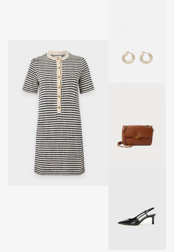 Pruhované šaty v krémové a námořnické barvě, krátké rukávy, kulatý výstřih, přední zapínání na knoflíky se zlatými knoflíky, strukturovaný pletený materiál, délka nad kolena.; Černé lakované slingback podpatky s špičatou špičkou, zdobené texturovaným hadím vzorem, nastavovacím páskem a krátkým texturovaným blokovým podpatkem.; Hnědá kožená crossbody taška s klopovým zavíráním, zlatými kovovými detaily a řetízkovým popruhem. Hladká textura, obdélníkový tvar, minimální zdobení.; Lauren Ralph Lauren BASIC SMALL HOOP - Náušnice - gold-coloured