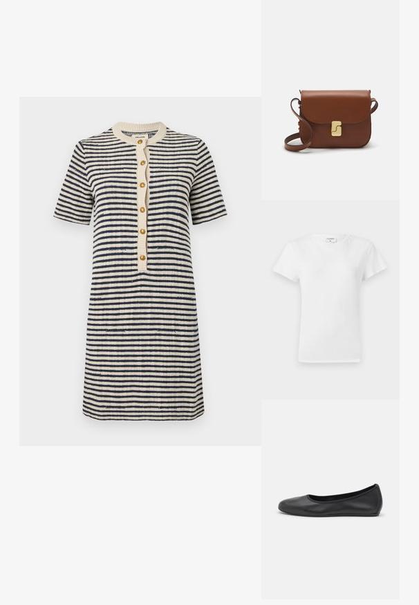 Stribet kjole i creme og marineblå, korte ærmer, rund halsudskæring, knaplukning foran med guldknapper, tekstureret strikstof, længde over knæet.; Hvid bomulds t-shirt med rund hals og korte ærmer, præsenteret i et afslappet fit og minimalistisk design. Etiketten er synlig ved halsen.; Sort læderballetsko med rund tå, glat tekstur, minimal syning og et fleksibelt såldesign.; Brun læder håndtaske med flaplukning, hardware i gyldent tone, en skulderrem og en glat overflade. Kompakt rektangulær form.