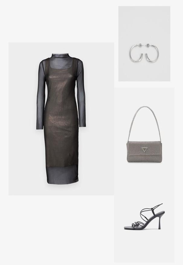 Rochie lungă din plasă neagră cu o siluetă ajustată. Prezintă un decolteu pătrat și un overlay transparent. Textură netedă cu un design stratificat.; Sandale negre cu toc înalt au curele subțiri cu un design legat, un vârf pătrat neted și un toc stiletto elegant.; Geantă metalică gri deschis, cu un strap din lanț, decorată cu mici ținte circulare metalice și un logo de marcă triangular.; Cercei rotunzi din argint cu un finisaj neted și strălucitor. Design ușor, având o formă rotundă și închidere cu tijă.