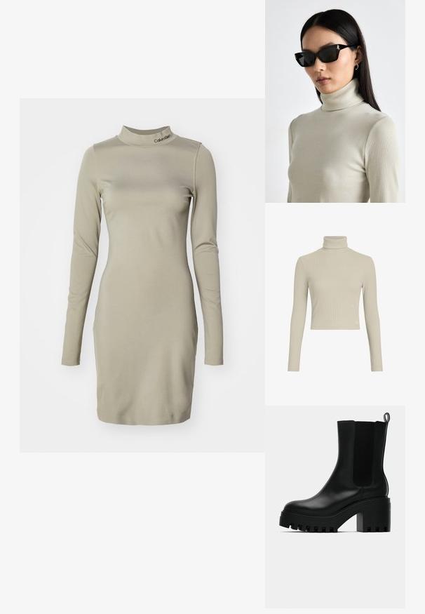 Világos olíva zöld, hosszú ujjú ruha magas nyakkal, rugalmas anyagból készült, finom logóval a galléron. Testre szabott fazon.; Világos bézs bordás garbó, hosszú ujjú, testhezálló fazonnal és magas nyakkal. Diszkrét logó címke található a szegélyen. Sima textúra.; Fekete bőr bokacsizma kerek orral, tömzsi platform talppal és hálós oldalsó részletekkel. Könnyen felhúzható húzófüllel rendelkezik.; Fekete, téglalap alakú napszemüveg vastag kerettel, arany hardware részletekkel. A modellen világos bézs, bordázott garbó található.