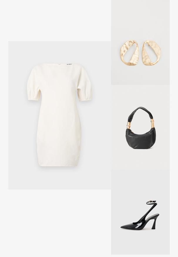 Fehér, rövid ujjú ruha, széles nyakkivágással és puffos ujjakkal. Simább anyagból készült, a nyakrész közelében egy logó található, valamint hátul cipzárral záródik.; Fekete lakk bőrből készült, slingback magas sarkú cipők, hegyes orral, állítható bokapánttal és mérsékelt tömbsarkal. Simább textúra, fényes felület.; Fekete bőr kézitáska kerek formával, puha textúrával és csomózott fogantyúval, aranyszínű fém díszítéssel. Cipzáras záródás.; Egy pár szabálytalan, ovális formájú, aranyszínű fém fülbevaló, enyhén kalapált felülettel, fehér háttéren.