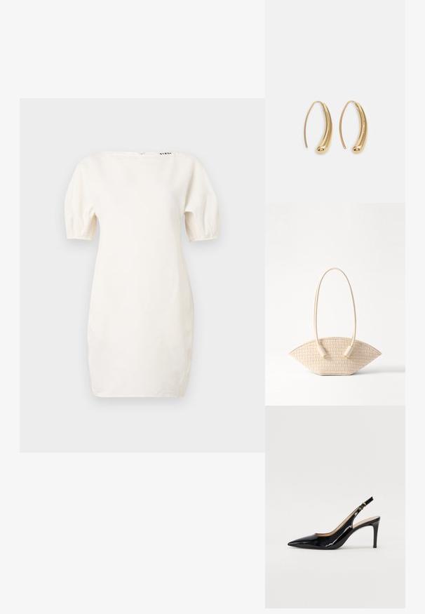 Rochie albă, cu mânecă scurtă, cu decolteu bateau și mâneci puff. Fabricată dintr-un material neted, prezintă un logo aproape de decolteu și un fermoar la spate.; Pantofi slingback din piele patent neagră, cu vârful ascuțit, tocul subțire și un design discret cu decupaj. Se evidențiază printr-un cataramă aurie pe curea.; Geantă bej împletită cu o formă curbată unică, având două mânere texturate și accente de hardware cilindrice.; Cercei din metal auriu, cu un design curbat și alungit. Au o suprafață netedă și strălucitoare, cu un vârf rotunjit pentru un detaliu suplimentar.