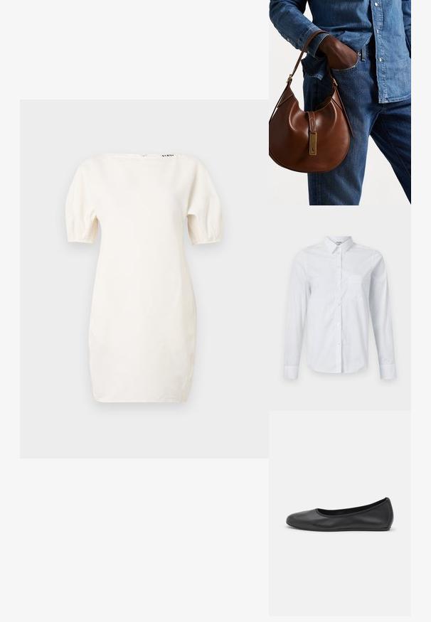 Bílé šaty s krátkým rukávem a lodičkovým výstřihem a balónovými rukávy. Vyrobené z hladkého materiálu, obsahují logo blízko výstřihu a zip na zádech.; Bílá košile s dlouhým rukávem vyrobená z bavlny. Má zapínání na knoflíky vpředu, špičatý límec a náprsní kapsu na levé straně.; Černé kožené baletní byty s kulatou špičkou, hladkou texturou, minimálními švy a flexibilním designem podrážky.; Hnědá kožená hobo taška zaobleného tvaru, se zlatým kováním a kontrastním prošíváním. V kombinaci s džínovou košilí a džíny.