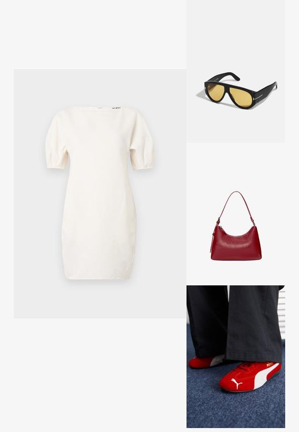 Biała sukienka z krótkim rękawem, o dekolcie w łódkę i bufiastych rękawach. Wykonana z gładkiego materiału, z logo w pobliżu dekoltu oraz zamkiem błyskawicznym z tyłu.; Czerwone zamszowe sneakersy z białymi akcentami, z teksturowanym materiałem, okrągłym noskiem i złotym logo z boku, noszone z czarnymi spodniami.; Czarne okulary przeciwsłoneczne z geometrycznym wzorem, żółtymi soczewkami i złotymi akcentami na zausznikach. Gładka tekstura, szeroki kształt, nowoczesny design.; Czerwona skórzana torebka na ramię o zakrzywionym kształcie, gładkiej fakturze i zamek błyskawiczny. Posiada cienką rączkę do noszenia.