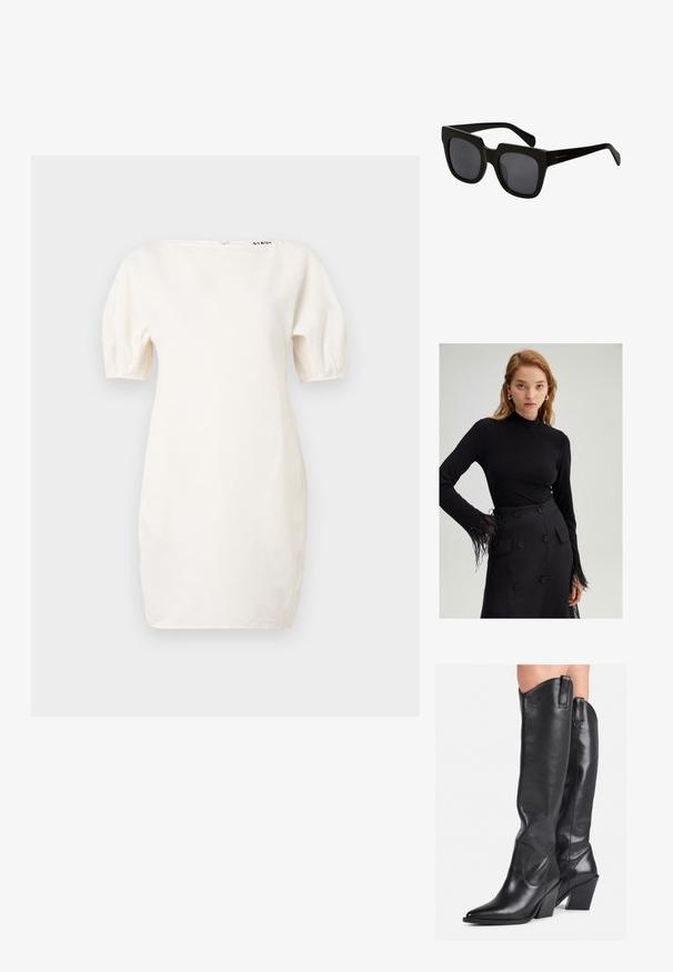 Valge, lühikeste varrukatega kleit, millel on paadi kaelus ja puhvvarrukad. Valmistatud siledast materjalist, lähedal kaelusele on logo ja taga on lukuga sulgur.; Must musta särk, millel on kõrge kaelus ja sulgedega äärised varrastes, kombineeritud kõrge vöökohtadega musta seelikuga, millel on suured nupud.; Mustad mustad põlvekõrgused saapad terava ninaga, kumer varras ja jäme konts. Omab siledat tekstuuri ja tõmblukke ülaosas.; Mustad mustad prillid paksude plastikraamide ja tumedate läätsedega. Käed on stiilsed läikiva viimistlusega ja minimaalse brändimisega.; Mustroone nahast käekott kaarjate vormidega, kuldse tooni detailide ja ülemise käepideme ning sujuva sulgemise ja sileda tekstuuriga.
