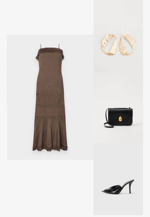Brown, sleeveless dress featuring a smocked bodice, tiered skirt, and fringe detailing at the neckline and hem. Soft, textured fabric.; Black leather high-heeled mules with an open toe, pointed design, smooth texture, and a slim stiletto heel.; Black leather handbag with a structured rectangular shape. Features a golden oval clasp and a thin shoulder strap. Smooth texture.; Pair of irregular oval-shaped gold-toned metal earrings with a textured, slightly hammered surface on a white background.