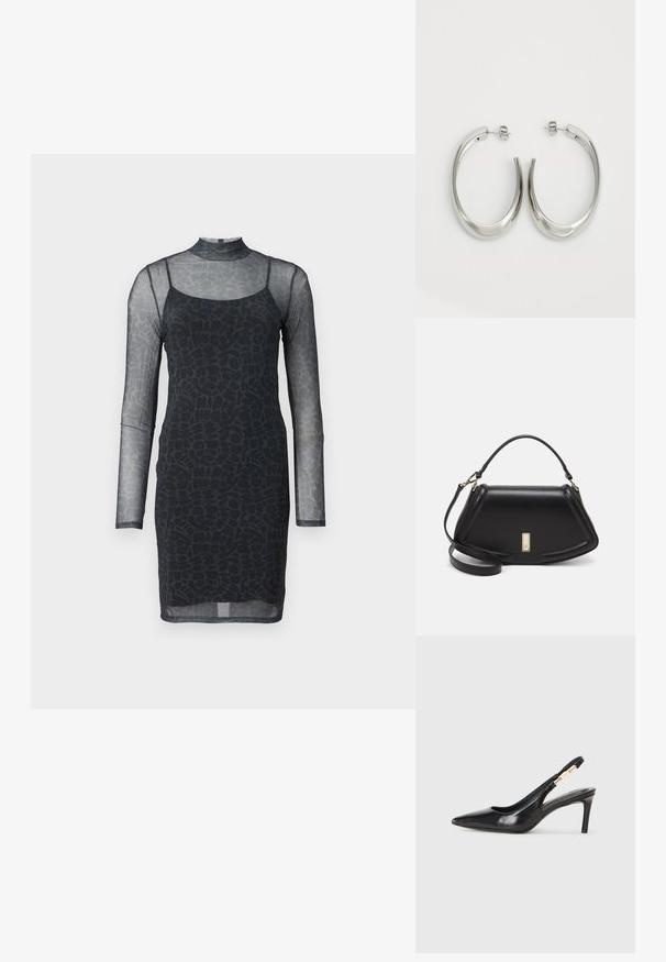 Čierne šaty s dlhými priesvitnými rukávmi a vysokým golierom. Majú priliehavý strih a v látke je integrovaný abstraktný textúrovaný vzor.; Čierna kožená lodička na podpätku so špicatou špičkou, hladkou textúrou a úzkym remienkom okolo členka s zlatými akcentmi.; Čierna kožená kabelka so štruktúrovaným dizajnom, s krátkym tvarom, hornou rúčkou a zlatými prvkami. Súčasťou je nastaviteľný ramenný popruh.; Strieborné kruhové náušnice s hladkým, zakriveným dizajnom. Majú lesklý kovový povrch a zapínanie na kolík. Žiadne viditeľné vzory ani akcenty.