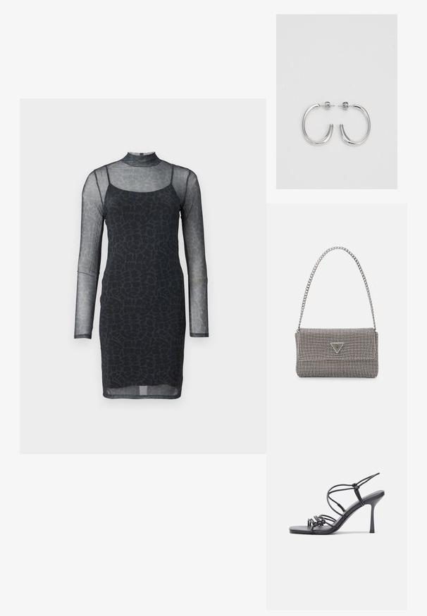 Musta mekko, jossa on pitkät läpinäkyvät hihat ja korkea kaula-aukko. Mekossa on istuva siluetti ja kankaaseen integroitu abstrakti tekstuurikuvio.; Mustat korkokengät sandaalit, joissa on ohuet hihnat solmittuna, sileä neliön muotoinen varvasosa ja tyylikäs stiletto-korko.; Vaalea harmaa metallinen käsilaukku, jossa on ketjusanka. Laukku on koristeltu pienillä pyöreillä metallikoruilla ja kolmion muotoisella brändilogolla.; Hopehopeet hopehopeet hopehopeet hopehopeet, jolla on sileä, kiiltävä pinta. Pyöreä muoto, kevyt rakenne, jossa on neulakiinnitys.