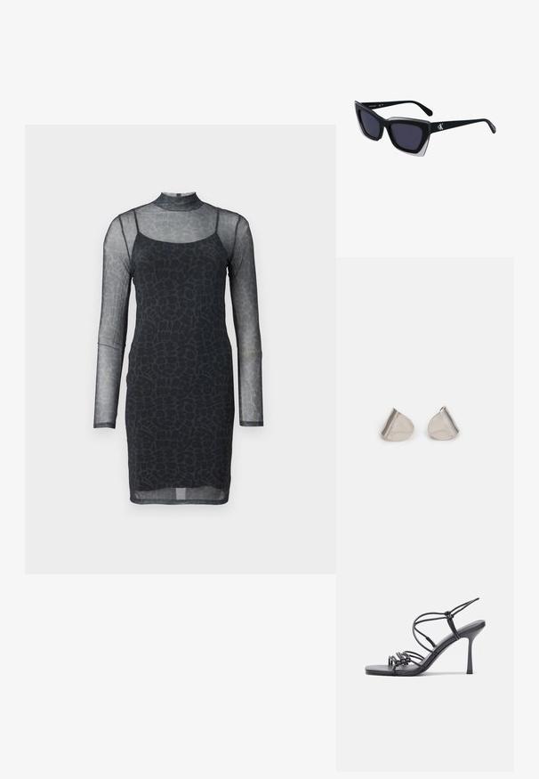 Vestido preto com mangas longas transparentes e gola alta. Apresenta uma silhueta ajustada e um padrão texturizado abstrato integrado no tecido.; As sandálias de salto alto pretas apresentam tiras finas com um design em nó, uma biqueira quadrada lisa e um elegante salto agulha.; Óculos de sol oversized pretos com forma geométrica, apresentando lentes escuras e um detalhe cinza em contraste na armação. Logotipo na haste.; Brincos de metal prateado com uma forma suave de gota e um acabamento polido. Gravações subtis adicionam detalhe. Design minimalista.
