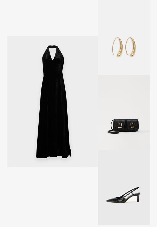 Črna žametna obleka s halter vratnim izrezom in globokim V izrezom ter krilom do tal na enobarvni beli podlagi.; Črne lakaste slingback pete s koničastim nosom, ki imajo teksturiran vzorec kačje kože, nastavljiv trak in kratek teksturiran blok peto.; Črna usnjena torbica čez ramo z dvema sprednjima žepoma, zlatimi zaponkami, zadrgo in ozkim pasom. Tekstura površine je strukturirana, obliko pa ima kompaktno pravokotno.; Zlato-tonirani kovinski uhani v obliki obroča s krivuljo in podolgovato obliko. Imajo gladko, sijočo površino in zaobljen vrh za dodaten detajl.