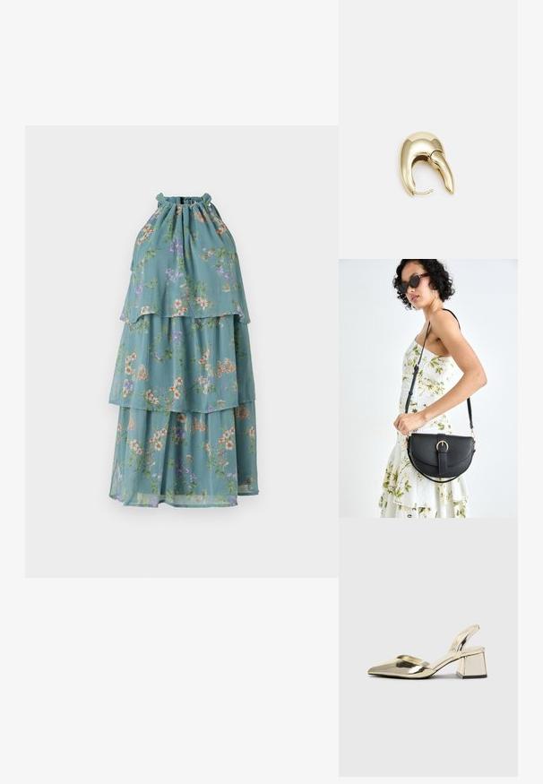 Plisirana, brezrokavna obleka iz svetlo teal blaga z cvetličnimi vzorci, s piramidno oblikovano izrezom in plastmi, ki zagotavljajo rahlo obliko.; Zlati, kovinski slingback čeveljci z ostrim nosom in masivnim peto. Gladka tekstura, minimalistična zasnova in ozka zanka.; Črna usnjena torbica s ukrivljeno obliko, z odstranljivo naramnico in zlatimi dodatki. Torbica ima pokrov s podrobnostmi v obliki zaponke.; Uhane nakit iz zlatastega tona z gladko, ukrivljeno zasnovo. Ima edinstveno koničasto obliko, polirano površino in zaponko s tečajem.