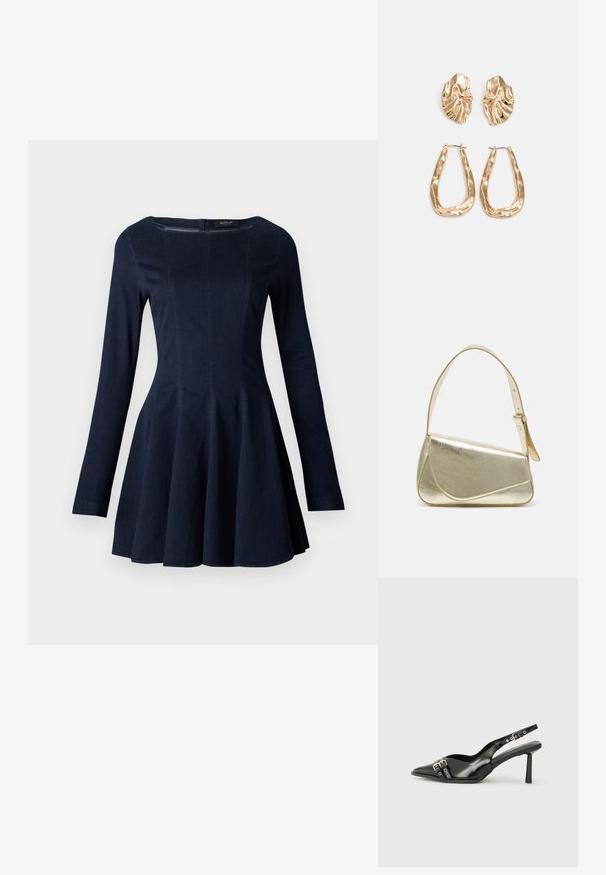 Mørkeblå denim langermet kjole med tettsittende liv og utbrettskjørt, med subtile sømdetaljer og rund hals.; Sorte patentlær slingback-sko med spiss tå, ankelremmer med sølvspenner og detaljer, og en slank hæl.; Gullfarget metallisk håndveske med en strukturert design, glatt tekstur og justerbar stropp. Har en unik trekantet form og minimalistisk søm.; Gullfargede øredobber med teksturerte, bølgete former. Inkluderer skulpturelle klipsstuds og åpen hoop-design med en hamret finish.