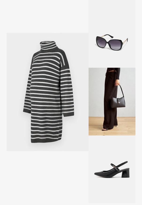 Pruščen materinski plašč v temno sivi in svetlo sivi barvi, z visokim ovratnikom, ohlapnim krojem in dolgimi rokavi, izdelan iz mehke pletene tkanine.; Črne patentne usnjene salonarce s slingback obliko, s koničastim nosom, zaobljenim izrezom in blok peto. Imajo zlato kovinsko zaponko kot dodatno okrasje.; Črne prevelike sončne očala z degradacijskimi lečami, debelimi okvirji in zlatimi verižicami na ročajih.; Črna torbica z strukturirano obliko, gladko teksturo in kovinskim zaponko. Ujemajo se z širokimi črnimi hlačami in odprtimi sandali na lesenem tleh.