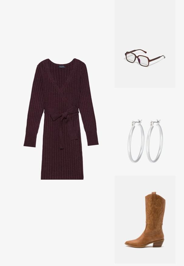 Bordeauxfarbiges, geripptes Strickwickelkleid mit langen Ärmeln, V-Ausschnitt und einem passenden Bindegürtel in der Taille. Weicher Stoff mit vertikalem Muster.; Braune Leder-Cowboy-Stiefel mit spitzem Zehenbereich, bestickten Wirbelmustern am Schaft und einem gestapelten Blockabsatz. Verfügt über einen Ziehriemen für das einfache Anziehen.; Braune, rechteckige Brille mit transparenten Gläsern und lila Tönungen. Glatter Kunststoffrahmen mit geraden Bügeln und dezenten Akzenten.; Silberne Creolen mit einer glatten, polierten Oberfläche. Runder Form und sicherem Klickverschluss. Leichtes Design, geeignet für den täglichen Gebrauch.
