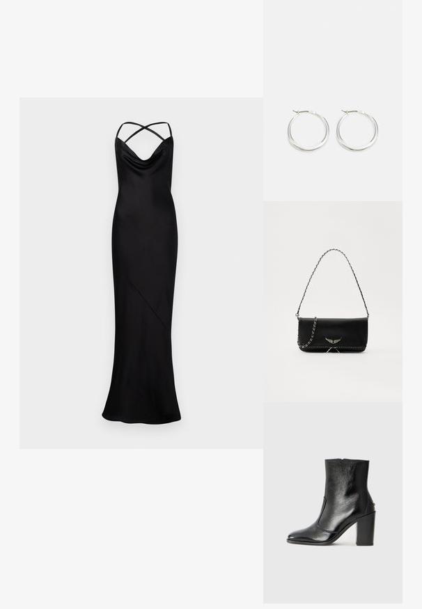 Hosszú fekete szatén estélyi ruha keresztezett spagetti pántokkal és redőzött dekoltázzsal, testhezálló sziluettel, amely a földig ér.; Fekete bőr bokacipő sima textúrával, hegyes orral és vastag, magas sarkával. Oldalnyílással és minimalista dizájnnal rendelkezik.; Fekete bőrtáska ezüstlánc pánttal, díszes szárnyakkal és fehér varrással az alsó varrat mentén.; A ezüst karika fülbevalók sima, lekerekített formájúak, vékony profilúak és biztonságos zárással rendelkeznek. Minimalista stílus, fényes befejezéssel.