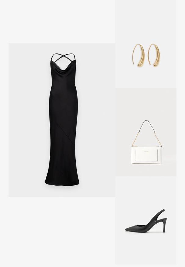 Długa, czarna satynowa sukienka wieczorowa z krzyżującymi się ramiączkami i drapowanym dekoltem, dopasowana sylwetka sięgająca do podłogi.; Czarne skórzane sandały na obcasie z noskiem w szpic, z wycięciem z przodu i cienkim obcasem typu stiletto.; Biała skórzana torebka o teksturowanym wykończeniu, z złotą łańcuszkową rączką i czarnymi akcentami. Zawiera przednią kieszeń oraz zamek błyskawiczny.; Złote metalowe kolczyki w kształcie obręczy o zakrzywionym, wydłużonym kształcie. Posiadają gładką, błyszczącą powierzchnię oraz zaokrąglony koniec dla dodatkowego efektu.
