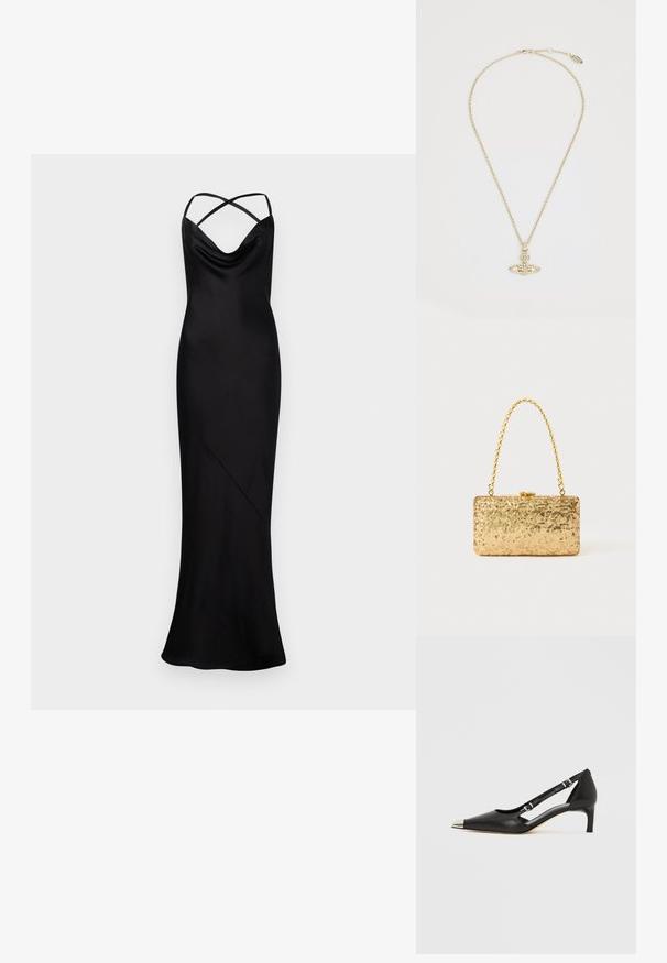 Pikk must satäänist õhtukleit, millel on ristuvad spagetitoaelad ja voolav kaelus, toimib sobiva silueti kuni põrandani.; Mustast nahast kassikontsaga king, millel on terava kujuga hõbedane nina ja topeltsõlmedega rihmad, valgel taustal.; Kullatud kaunistustega kott ristküliku kujuga, millel on keeratud ahelast käepide ja metallist lukuga sulgur, peegeldades valgust tekstuurse viimistlusega.; Vivienne Westwood MAYFAIR BAS RELIEF PENDANT - Kaelakee - gold-coloured