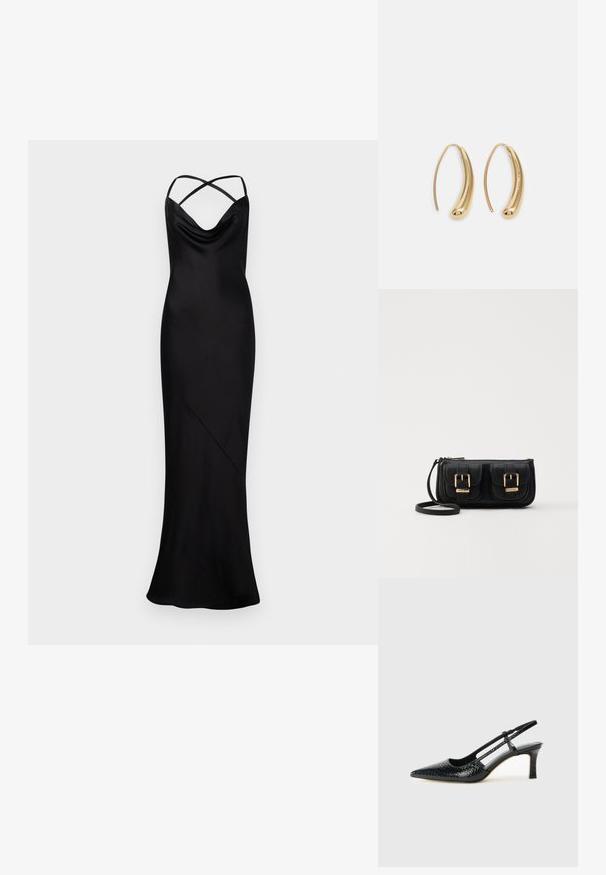 Rochie de seară lungă din satin negru, cu bretele subțiri încrucișate și decolteu drapat, siluetă ajustată care se extinde până la podea.; Pantofi cu toc slingback negri din patent, cu vârf ascuțit, cu imprimeu de șarpe texturat, curea ajustabilă și toc scurt texturat.; Geantă neagră din piele, tip crossbody, cu două buzunare frontale, catarame aurii, închidere cu fermoar și o curea subțire. Suprafață texturată și formă rectangulară compactă.; Cercei din metal auriu, cu un design curbat și alungit. Au o suprafață netedă și strălucitoare, cu un vârf rotunjit pentru un detaliu suplimentar.