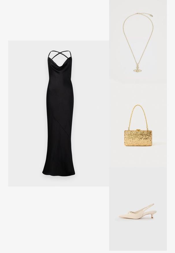 Dlhé čierne saténové večerné šaty s krížovým zapínaním na tenké ramienka a skladaným výstrihom, priliehavý strih siahajúci až na zem.; Súkne s pootočeným prstom v off-white koži, s malou mašľou a nízkym kitten podpätkom. Hladká textúra, minimalistický dizajn.; Zlatá flitrová listová taška s obdĺžnikovým tvarom, vybavená skrúteným reťazovým držadlom a kovovým uzatváraním, odrážajúca svetlo s textúrovaným povrchom.; Vivienne Westwood MAYFAIR BAS RELIEF PENDANT - Náhrdelník - gold-coloured
