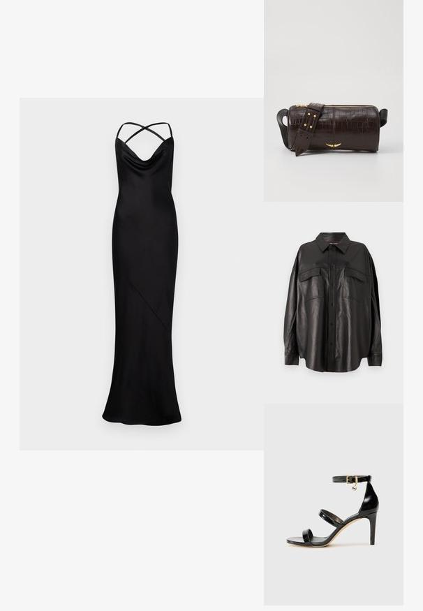 Hosszú fekete szatén estélyi ruha keresztezett spagetti pántokkal és redőzött dekoltázzsal, testhezálló sziluettel, amely a földig ér.; Fekete bőrdzseki gombbal elöl, hegyes gallérral és két mellzsebbel. Jellemzője a laza szabás és a sima textúra.; Fekete lakk bőr szandál három pánttal, bokapánttal és 10 cm magasságú tűsarokkal. Arany színű részletekkel és logó charm-mal rendelkezik.; Barna krokodilbőr hatású bőr táska henger alakú, arany tónusú fémveretekkel és lecsatolható, szegecsekkel díszített pánttal.