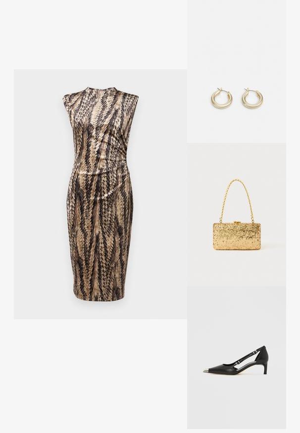 Diane von Furstenberg DARRIUS DRESS - Laisvo kirpimo suknelė - black; Juodos odos bateliai su žemu kulniuku, smailiu sidabro spalvos pirštinės gaubtu ir dvigubais dirželiais, ant balto fono.; Auksinė blizgučių rankinė, stačiakampio formos, su susuktos grandinėlės rankena ir metaliniu užsegimu, atspindinti šviesą su tekstūruotu paviršiumi.; Lauren Ralph Lauren BASIC SMALL HOOP - Auskarai - gold-coloured