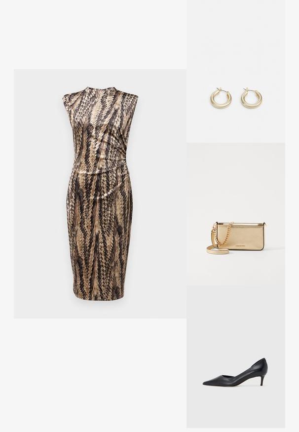 Diane von Furstenberg DARRIUS DRESS - Šaty do práce - black; Čierny kožený lodička s špičatou špičkou a nízkym opätkom. Má hladkú textúru a jemný lesk. Vpredu je otvorený výrez pre zvýraznenie detailu.; Metalická zlatá kožená kabelka so štruktúrovaným povrchom, vybavená zlatým reťazovým popruhom a odnímateľným ramenným popruhom. S logom značky vytlačeným na povrchu.; Lauren Ralph Lauren BASIC SMALL HOOP - Náušnice - gold-coloured