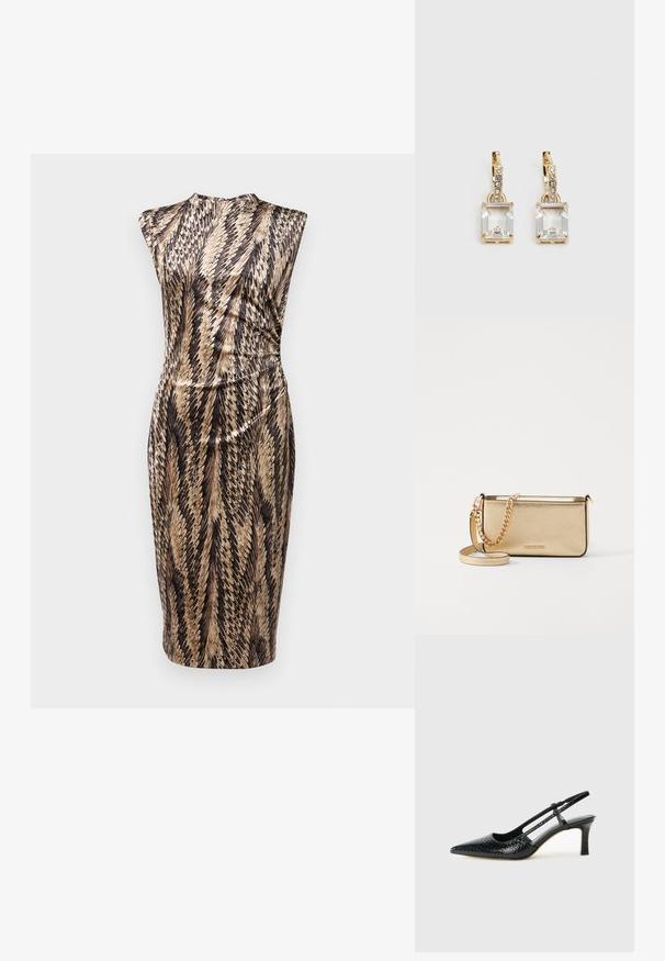 Diane von Furstenberg DARRIUS DRESS - Shift-haljina - black; Crne lakirane slingback pete s oštrim vrhom, s teksturiranim uzorkom zmijske kože, podesivom remenom i kratkom, teksturiranom blok-petom.; Metalna zlatna kožna torbica s teksturiranom površinom, opremljena zlatnim lancem i uklonjivom naramenicom. Utisnuti logotip branda.; Zlatne naušnice s pravokutnim, prozirnim kristalom koji visi ispod niza malih, okruglih prozirnih akcenata. Elegantni, moderni dizajn.