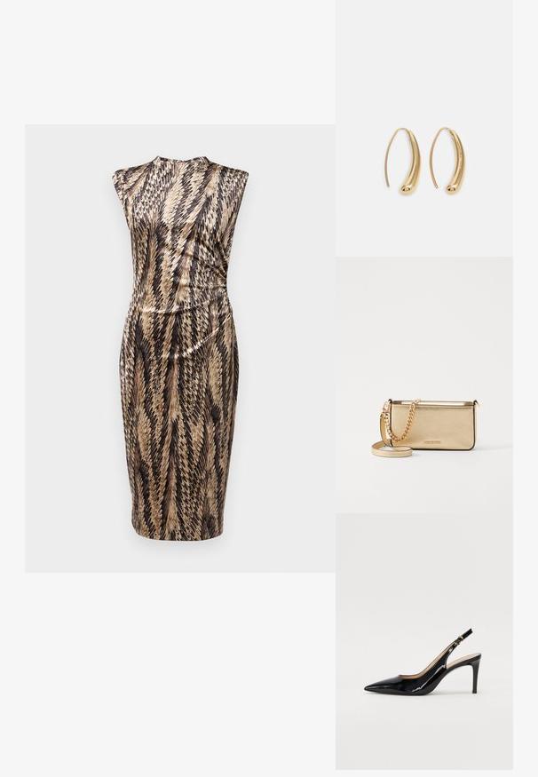 Diane von Furstenberg DARRIUS DRESS - Laisvo kirpimo suknelė - black; Juodas lakinės odos slingback batelis su smailiu nosiu, plonu kulnu ir subtiliu išpjovos dizainu. Yra auksinė sagtis ant dirželio.; Metaliniu auksu padengtas odinis rankinukas su tekstūruotu paviršiumi, kuris turi auksinį grandinėlės dirželį ir nuimamą petį. Įspaustas prekės ženklas.; Metaliniu auksu padengtas odinis rankinukas su tekstūruotu paviršiumi, kuris turi auksinį grandinėlės dirželį ir nuimamą petį. Įspaustas prekės ženklas.; Auksinės metalinės auskarų kabės su lenktą, pailgą forma. Turi lygų, blizgantį paviršių ir užapvalintą galiuką papildomam akcentui.