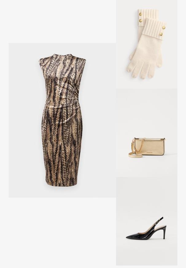 Diane von Furstenberg DARRIUS DRESS - Pārliekama kleita - black; Melnas lakotās ādas slingback kurpes ar izteiktu degunu, šauru papēdi un smalku izgriezumu dizainu. Siksniņai ir zelta sprādze.; Metālisks zelta ādas klipsis ar teksturētu apdari, ar zelta ķēdes siksniņu un noņemamu pleca siksniņu. Zīmola logo iepresēts.; Krēmkrautaina vilnas cimdu ar rievotām aprocēm, katrā aprocē ir divi dekoratīvi zelta pogas. Mīksta tekstūra ar pirkstu atverēm.