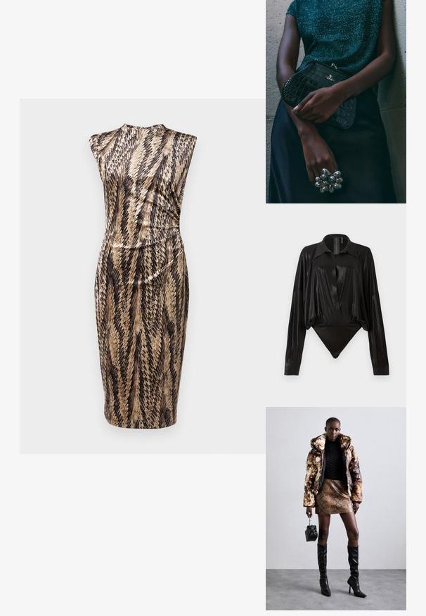 Diane von Furstenberg DARRIUS DRESS - Kotelomekko - black; Musta catsuit pitkillä hihoilla, V-pääntiellä ja tiukalla siluetilla. Valmistettu kiiltävästä, sileästä kankaasta, jossa on jämäkkä kaulus ja hihansuut.; Puffer-takki ruskealla ja mustalla kuviolla, yhdistettynä ruskeaan käärmeennahkakuosiseksi mini-hameeseen, mustiin polvimittaisiin saappaisiin ja pieneen mustaan laukkuun.; Musta krokotiilihäntäinen penaali, jossa on hopeiset yksityiskohdat, pidetään teksturoitua harmaata taustaa vasten. Pintamateriaali kiiltävä.