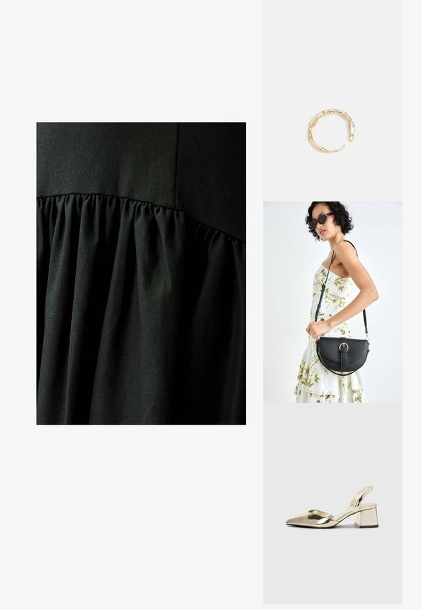 WILLA QIN - Maksi garuma kleita - black; Zeltaini, metāla kurpes ar siksniņām, norakans purngalis un masīla papēdis. Gluda tekstūra, minimālisma dizains un šaura siksna.; Melnas ādas rokassoma ar izliekta formu, noņemamu siksnu un zelta aksesuāriem. Somai ir vāciņš ar sprādzes detaļu.; Zelta toņa gredzens ar organisku, vērptu dizainu, gludu virsmu un sašaurinātiem galiem, radot mūsdienīgu, skulpturālu izskatu.