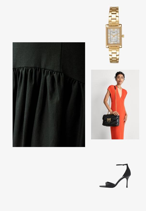 WILLA QIN - Maxi šaty - black; Mango Sandále na vysokom opätku - black; Čierna kožená kabelka s prešitým dizajnom a zlatými doplnkami, s dekoratívnou prackou. Taška má reťazový popruh a je držaná v ruke.; Zlatý obdĺžnikový náramkový hodinky s bielym ciferníkom, striebornými indexmi a odolným kovovým náramkom. Obsahuje vodoodolnú funkciu.